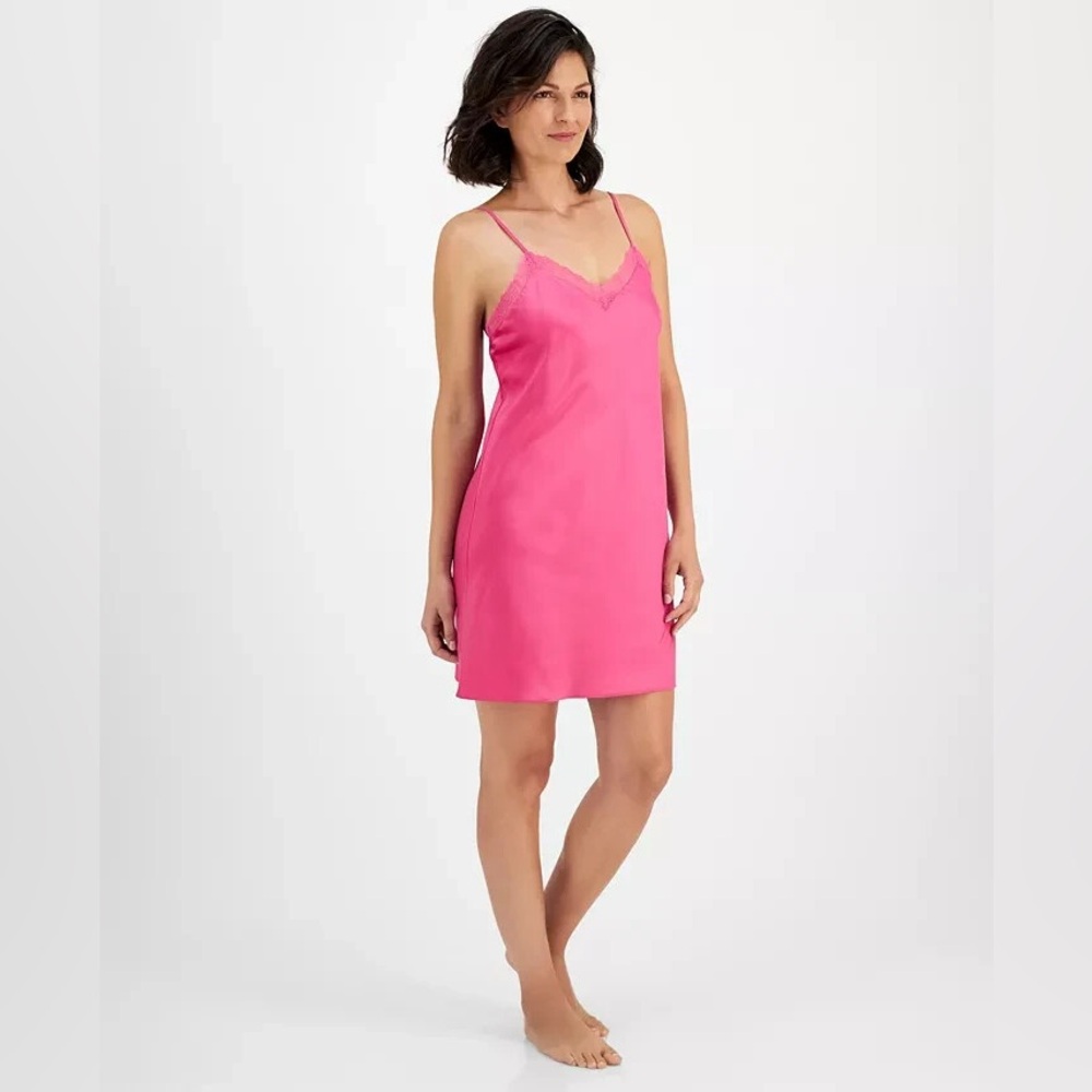 I.N.C. International Concepts Womens Satin Lace-Trim Chemise - Divine Berry